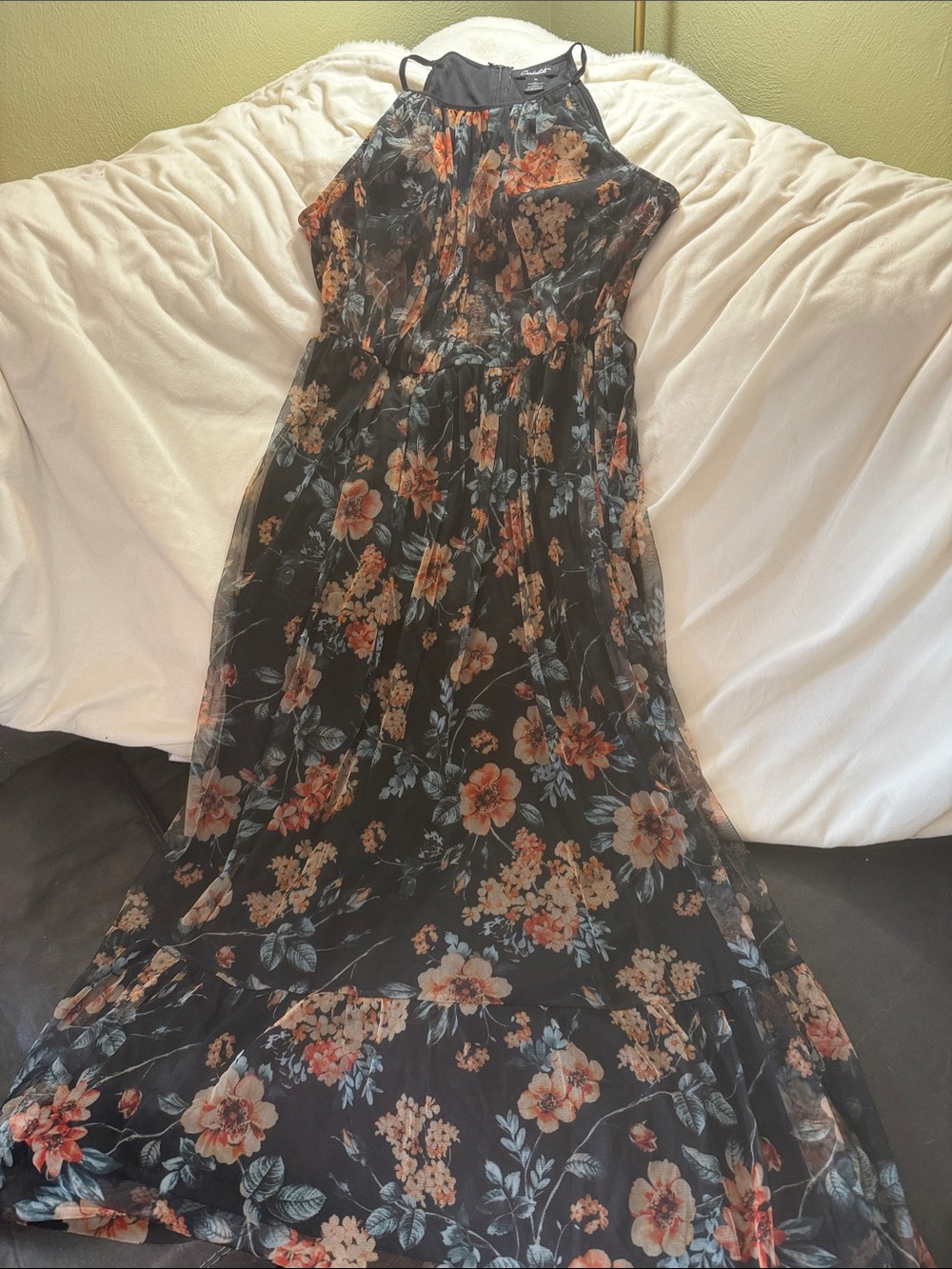 Black Floral Halter Maxi Dress with Orange Bloom Accents